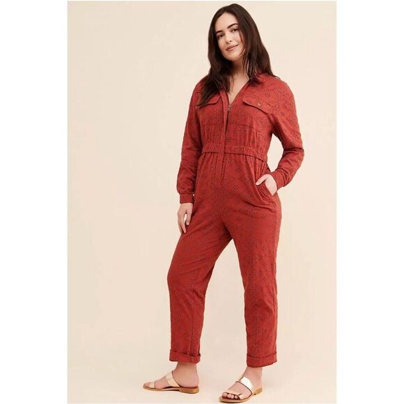 Free People Set The Tone Burnt Red Eyelet Long Sleeve Pants Jumpsuit Size 6 - Picture 1 of 14